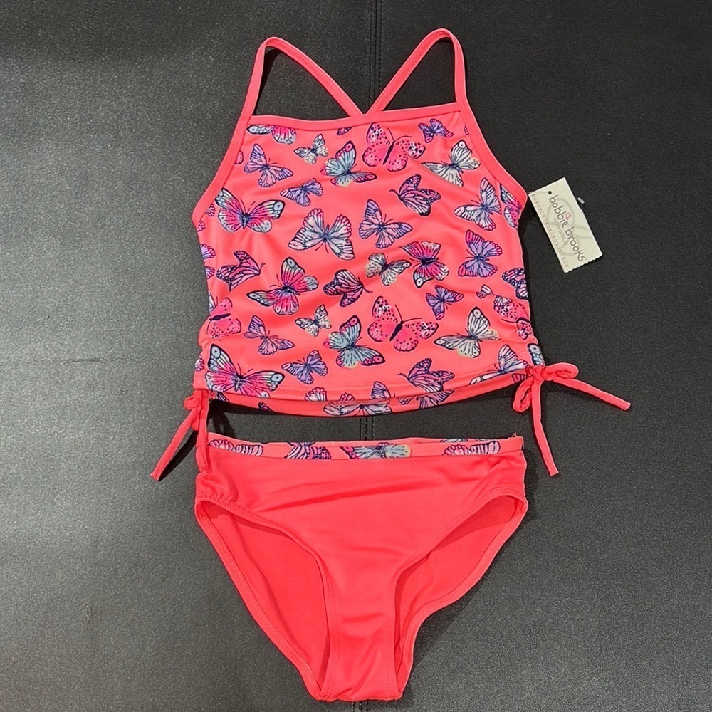 Bobbie Brooks 2 pc. bikini,butterfly pattern, Tie ruched hip, X back top